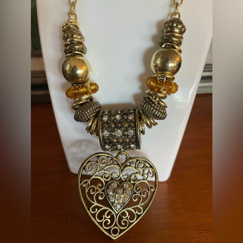 Vintage Y2K Artisan Rhinestone Heart Pendant Necklace Boho Mixed Metal 22”